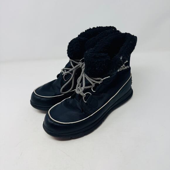Sorel Black Winter Snow Boots Size 7.5 Lace Up Faux Fur Lined Waterproof - Picture 1 of 14